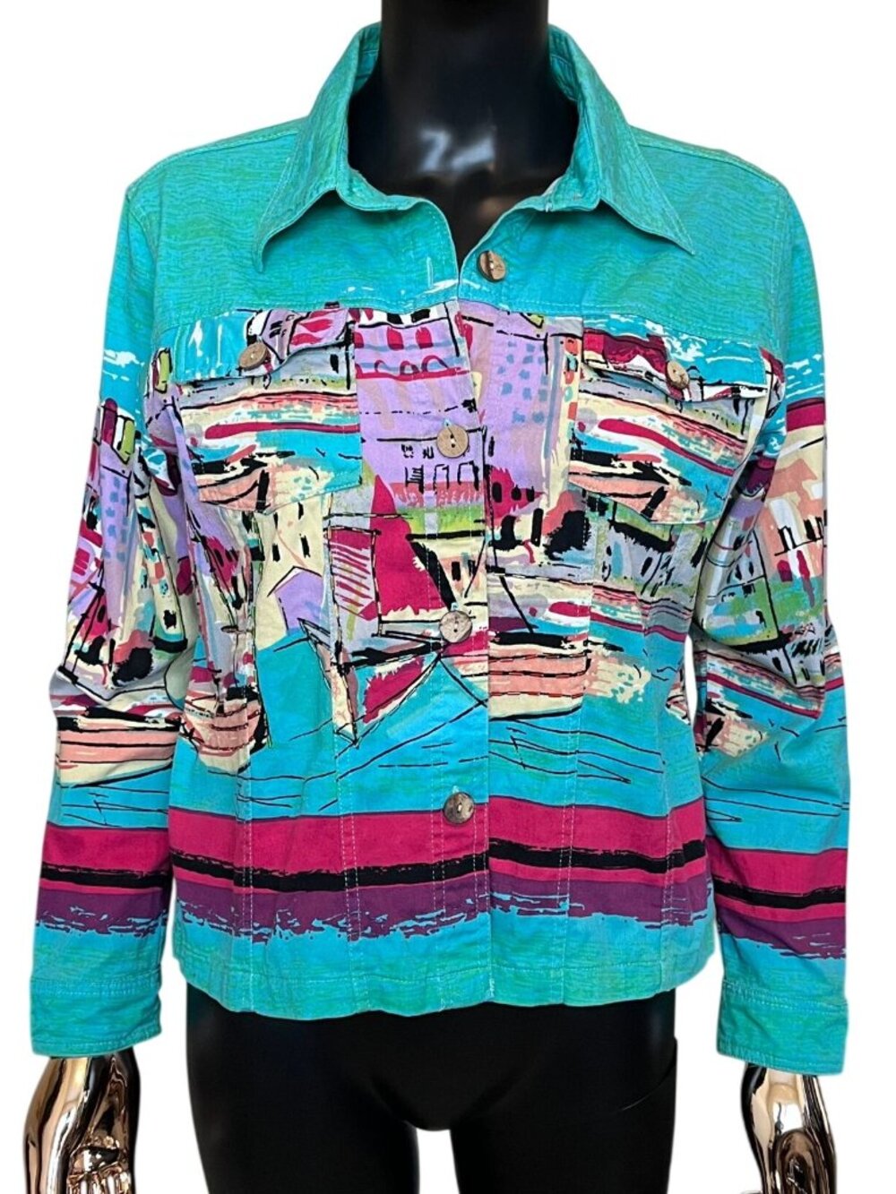 Jane Ashley Teal Green Mediterranean Harbor Print Jacket L - Picture 2 of 6